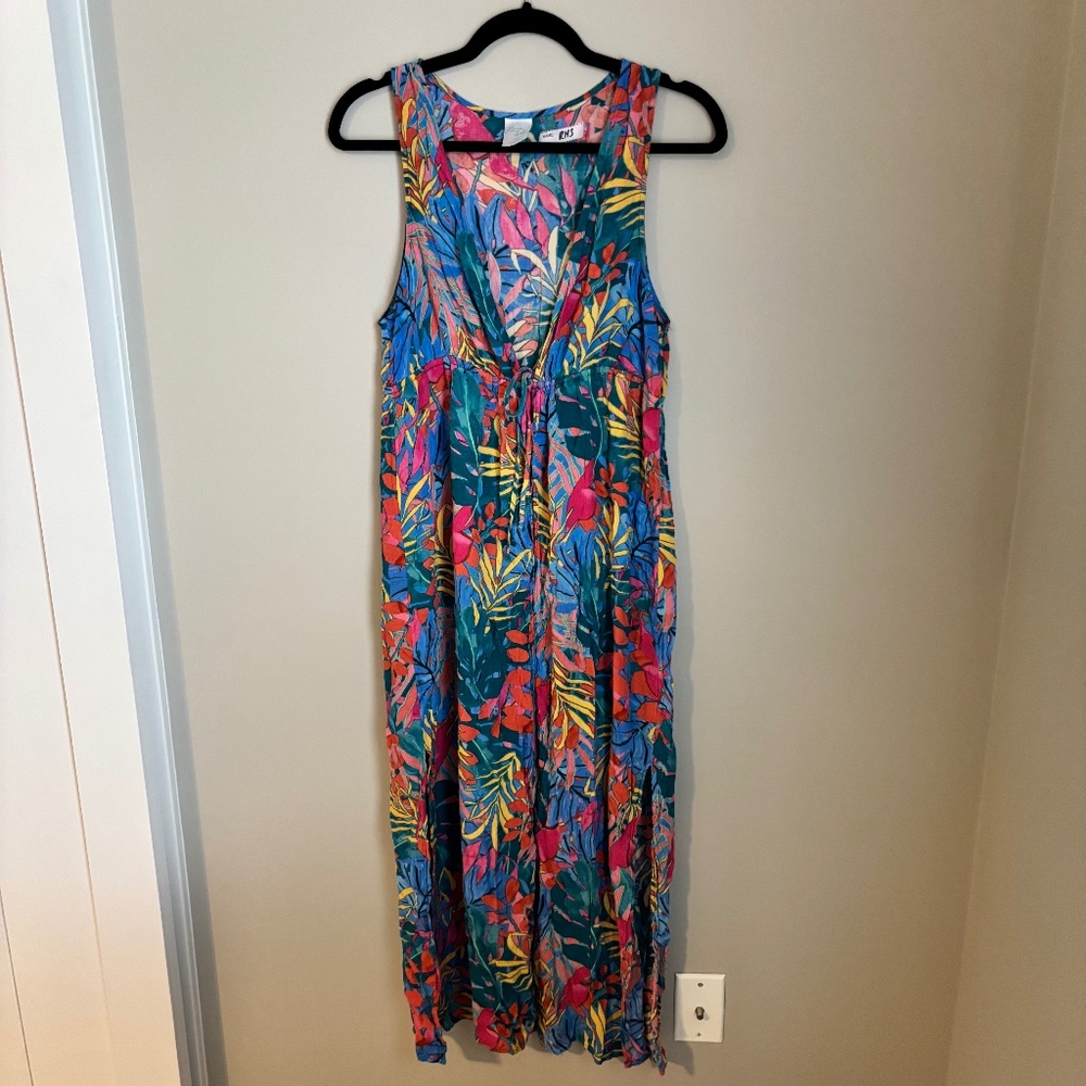 Kona Sol Tropical Print Beach Cover Up Maxi Dress Tie Waist S/M